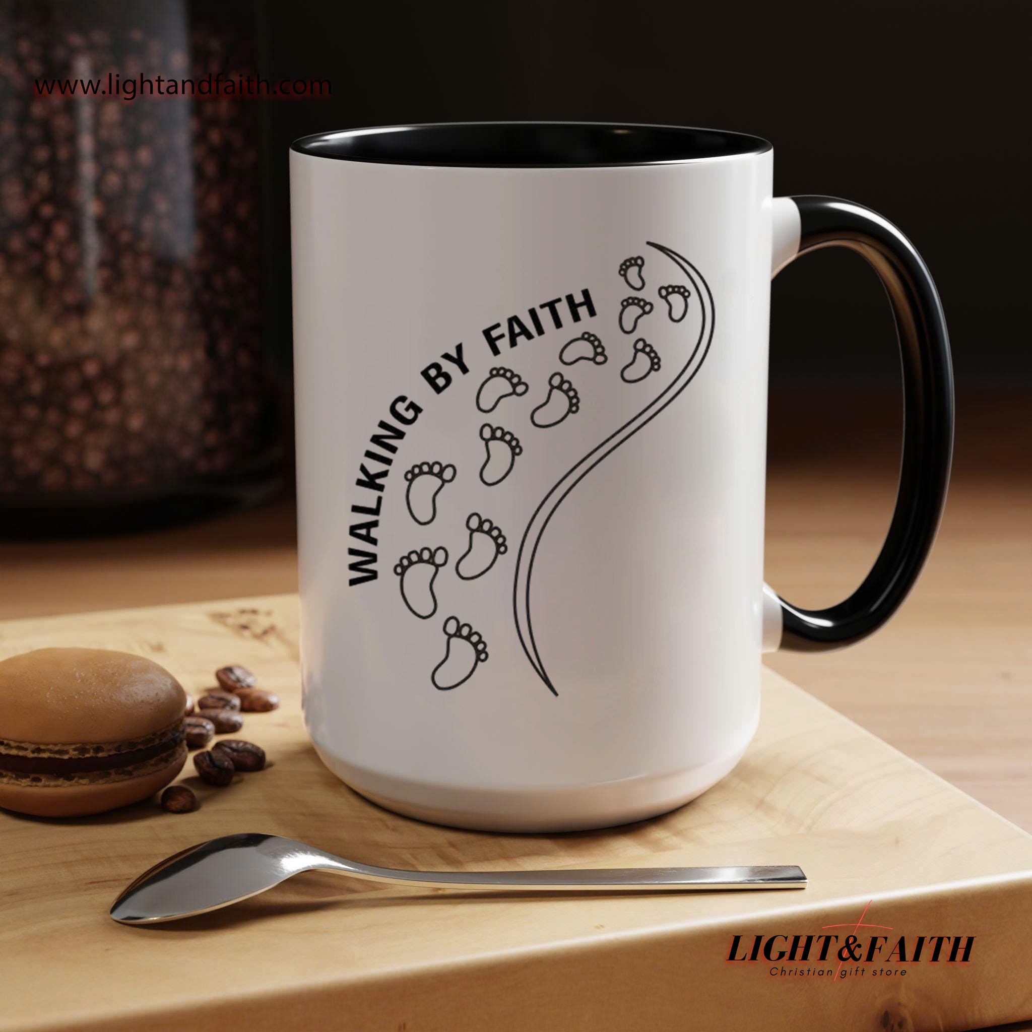 Walking by Faith Mug – Footsteps Christian Coffee Cup, Scripture-Based Faith Encouragement MULAF54